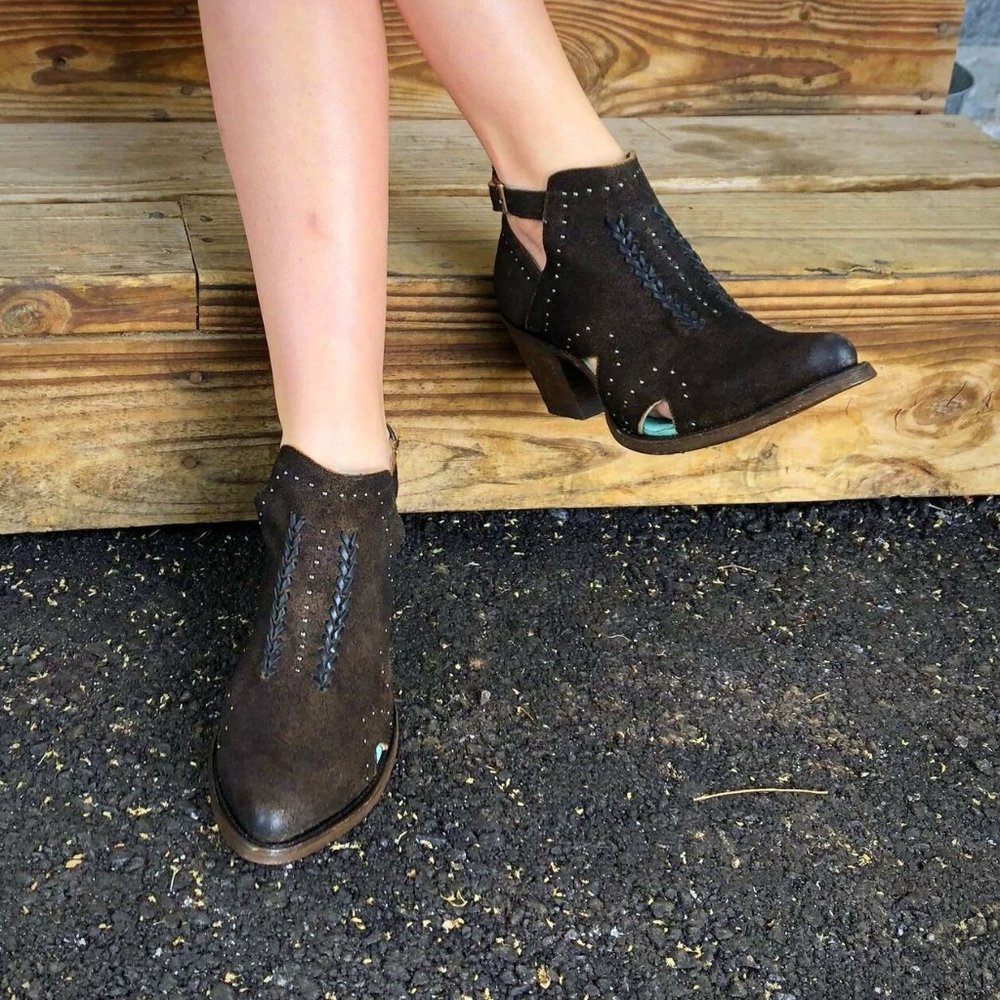 Women’s Brown Suede Cutout Ankle Booties with Braided Detail